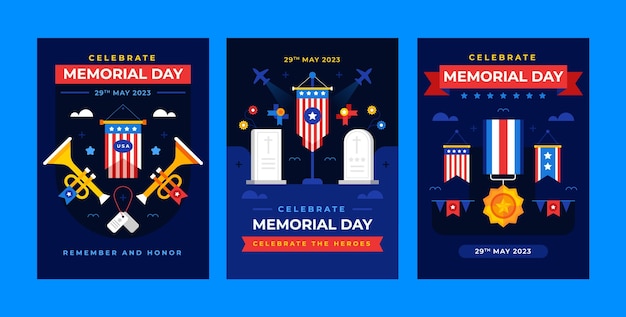 Free Vector flat greeting cards collection for usa memorial day celebration