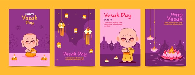 Flat greeting cards collection for vesak festival celebration