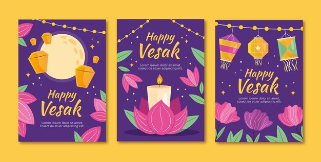 Flat greeting cards collection for vesak festival celebration