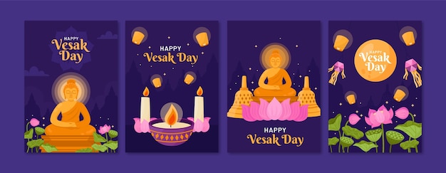 Flat greeting cards collection for vesak festival celebration