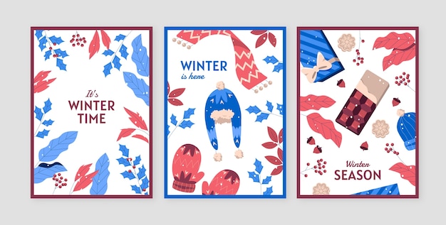 Free Vector flat greeting cards collection for winter season with leaves