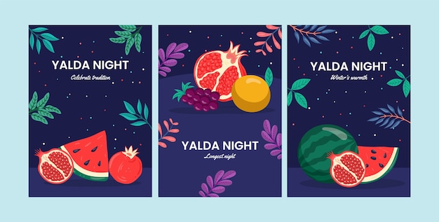 Free vector flat greeting cards collection for yalda night festival celebration with fruit and leaves