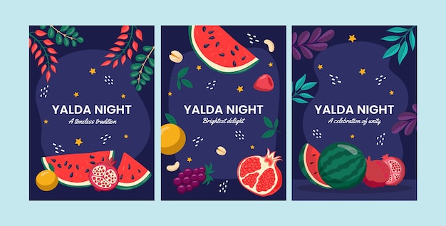 Free vector flat greeting cards collection for yalda night festival celebration with watermelon and pomegranate