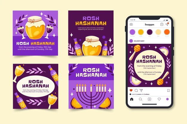 Flat greeting posts collection for jewish new year rosh hashanah celebration