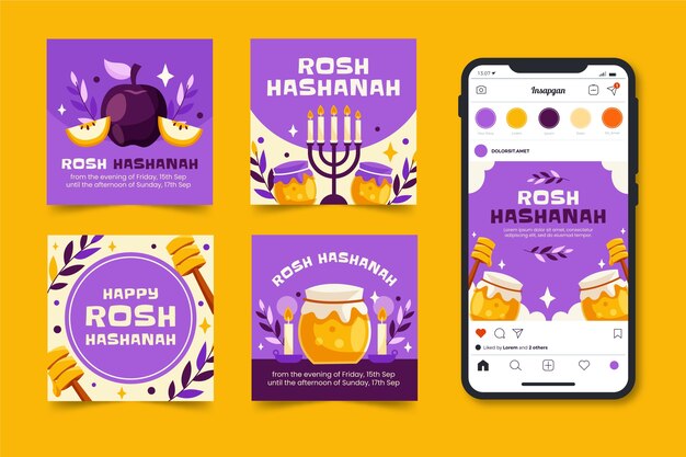 Flat greeting posts collection for jewish new year rosh hashanah celebration