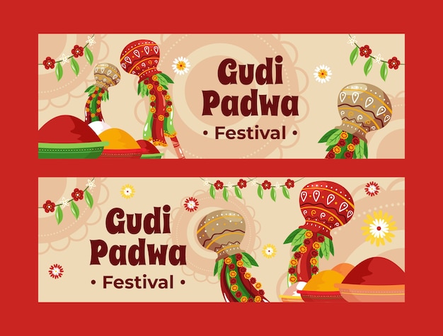 Flat gudi padwa horizontal banners pack