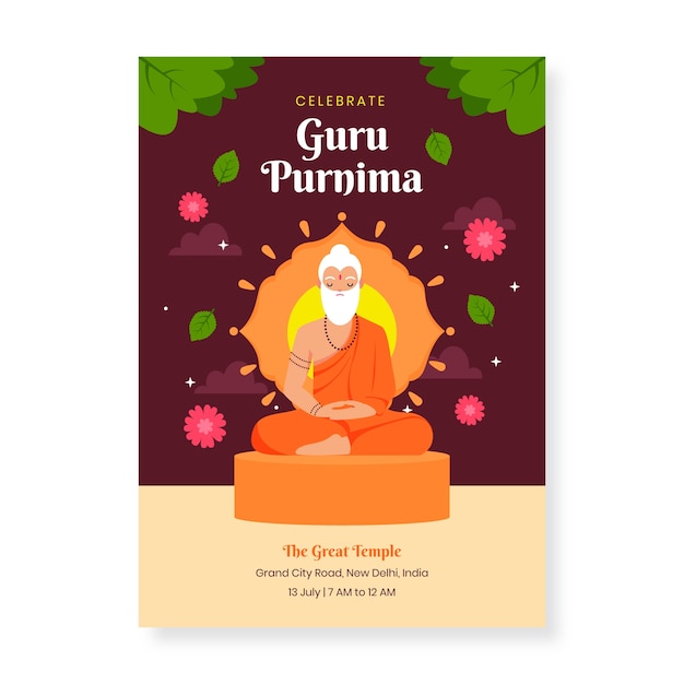 Flat guru purnima poster template with bearded monk