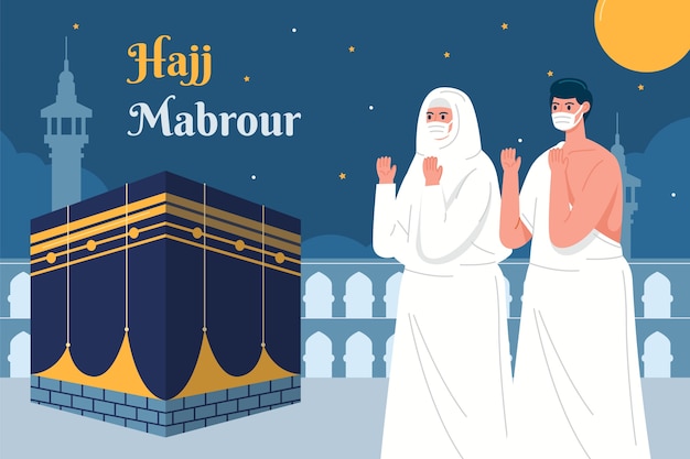 Flat hajj background with mecca and people