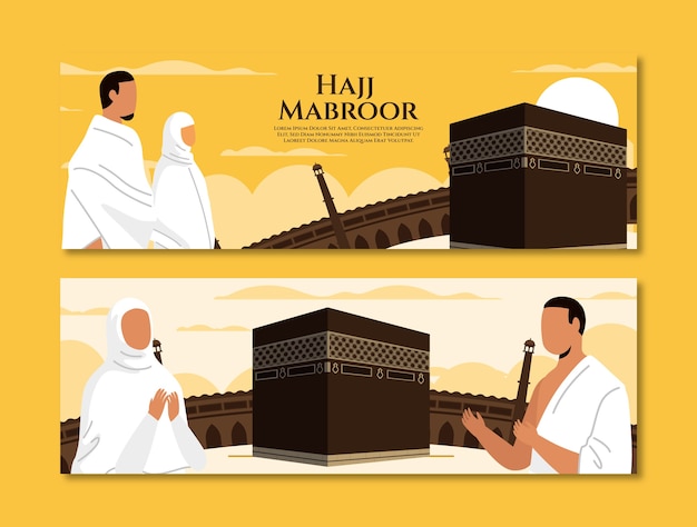 Free Vector flat hajj horizontal banners set with people praying