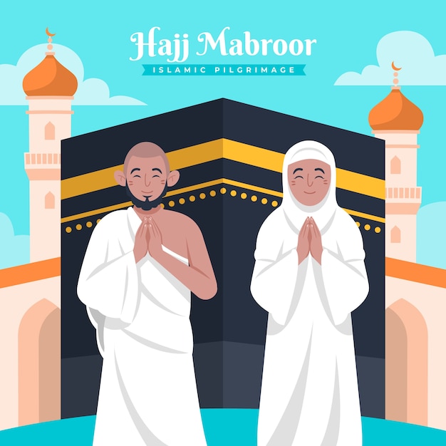 Flat hajj illustration with people praying and mecca