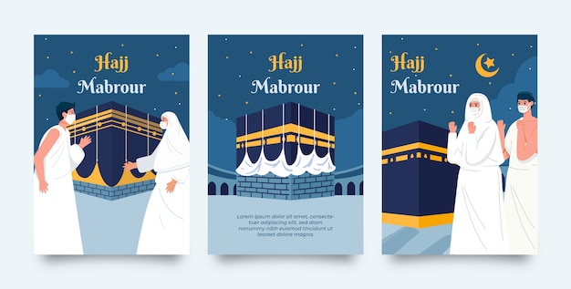 Flat hajj mubarak cards collection with people praying and mecca