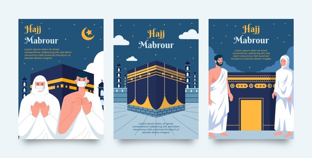 Flat hajj mubarak cards collection with people praying and mecca