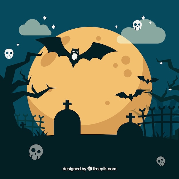 Flat halloween background with cementery