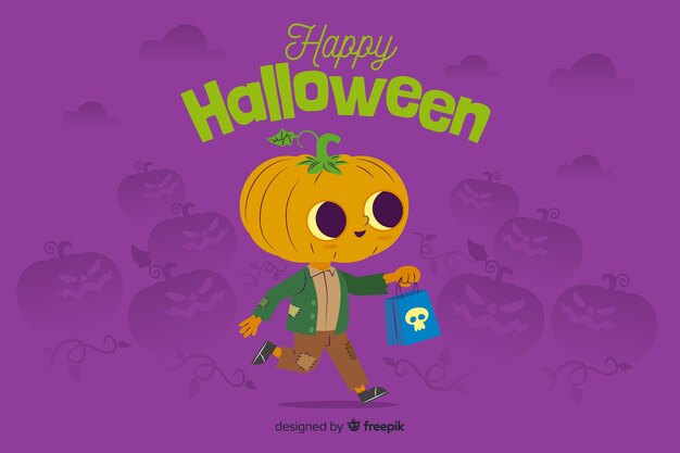 Flat halloween background with cute pumpkin