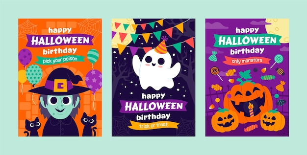 Flat halloween birthday cards collection