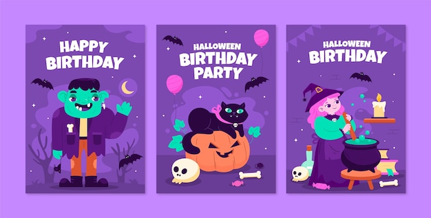 Flat halloween birthday cards collection