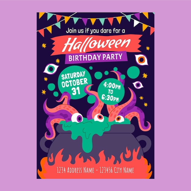 Flat halloween birthday invitation template