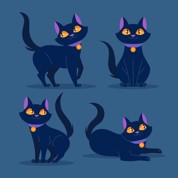 Free vector flat halloween black cats collection