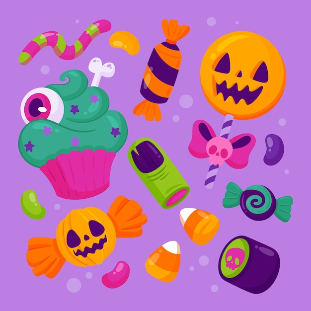 Flat halloween candy elements collection