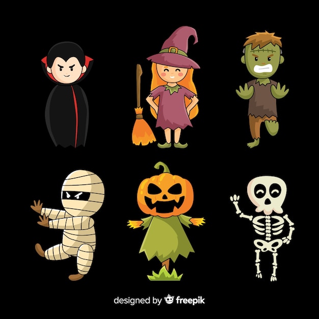 Free Vector flat halloween character collection on black background