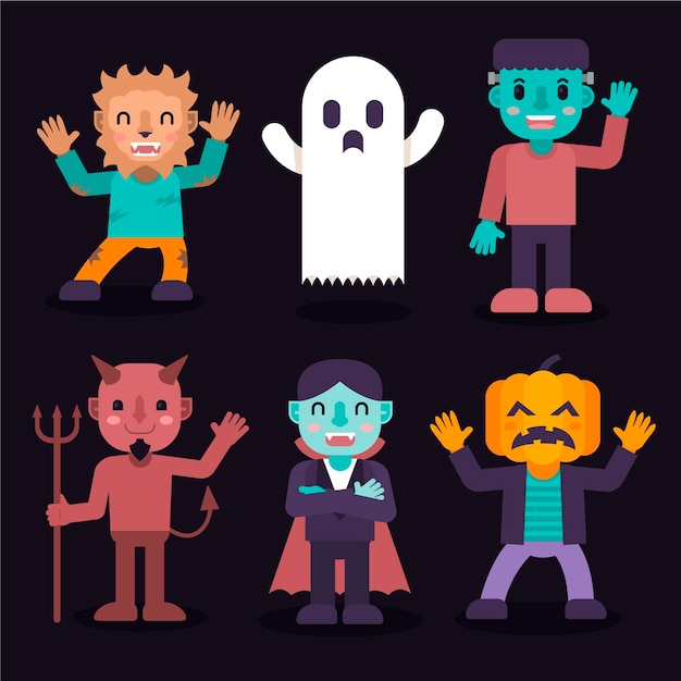 Flat halloween characters collection