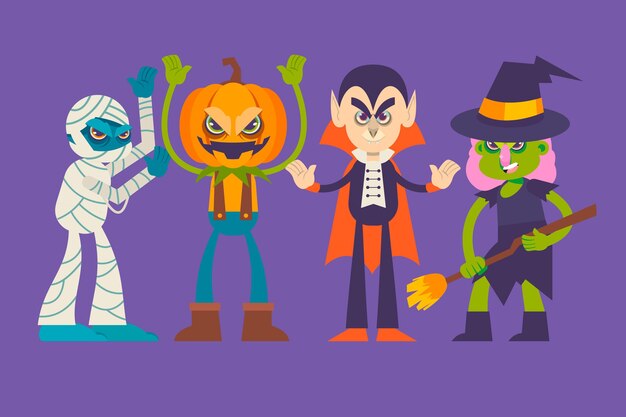 Flat halloween characters collection