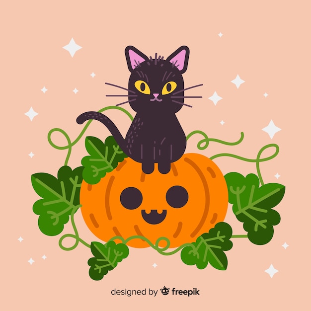 Flat halloween cute cat and pumpkin with leaves