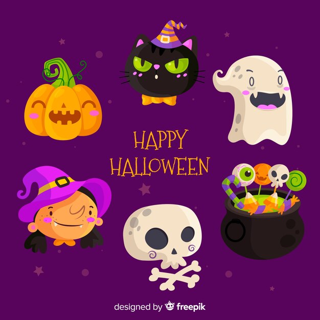 Flat halloween element collection in purple background