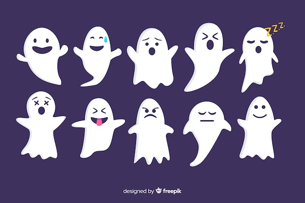 Flat halloween ghost collection on violet background