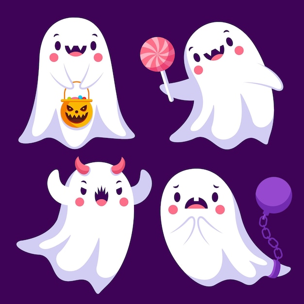 Flat halloween ghosts collection