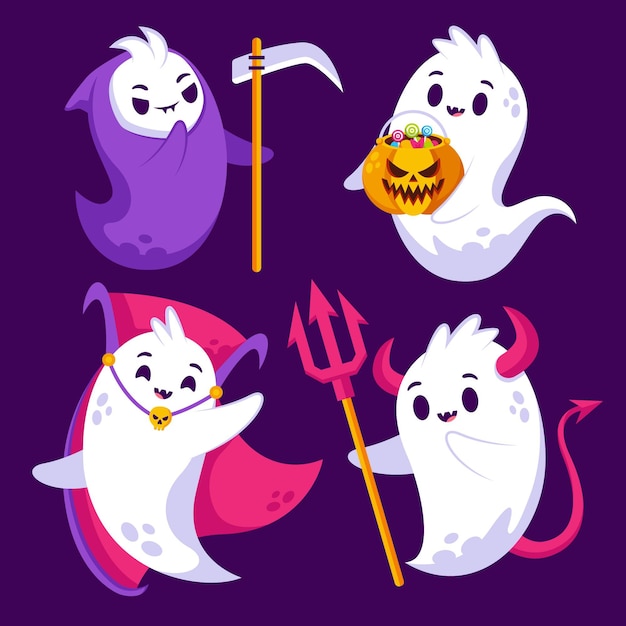 Flat halloween ghosts collection