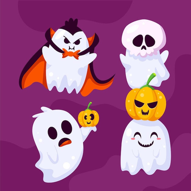 Flat halloween ghosts collection