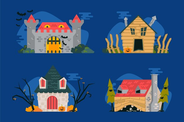 Flat halloween haunted houses collection