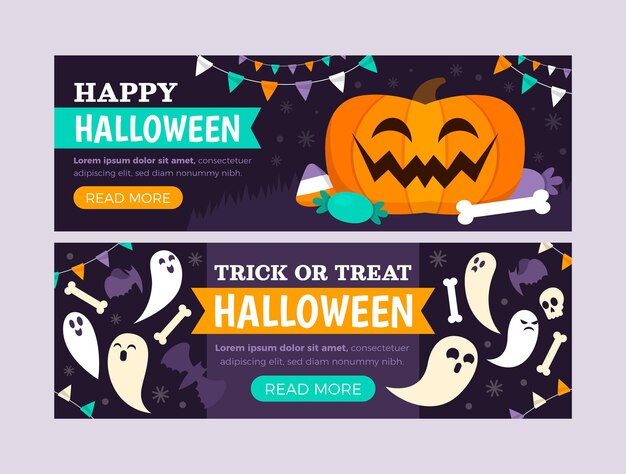 Flat halloween horizontal banners set