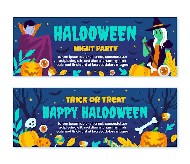 Flat halloween horizontal banners set