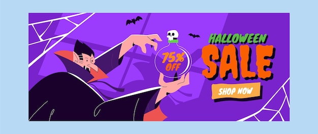 Flat halloween horizontal sale banner template