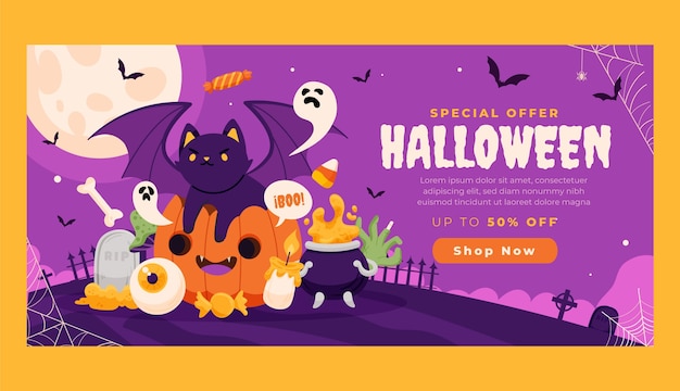 Flat halloween horizontal sale banner template