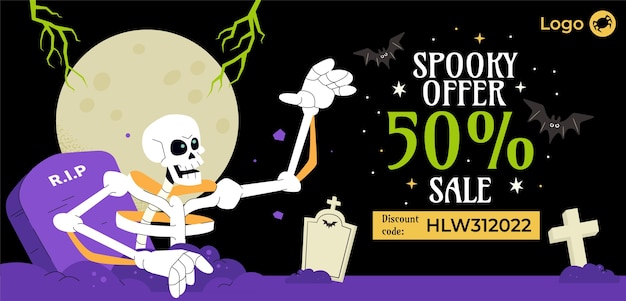 Flat halloween horizontal sale banner template