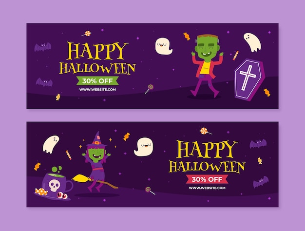 Flat halloween horizontal sale banner template