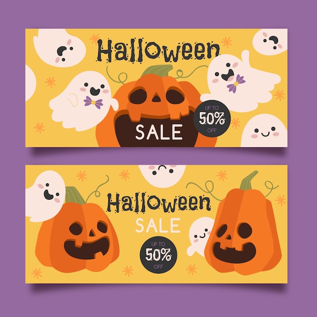 Flat halloween horizontal sale banners set