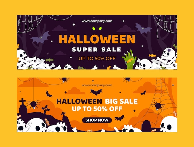 Flat halloween horizontal sale banners set