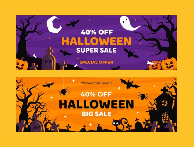 Flat halloween horizontal sale banners set