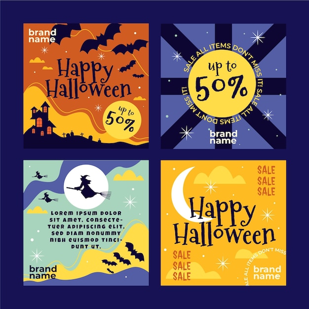 Free vector flat halloween instagram posts collection