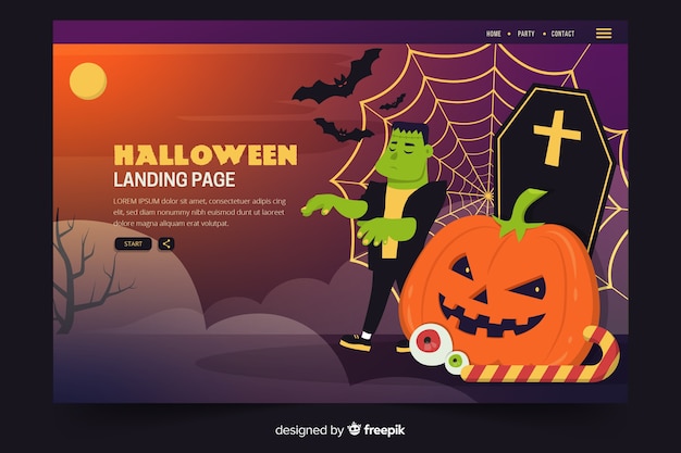 Flat halloween landing page with zombie and tombstones