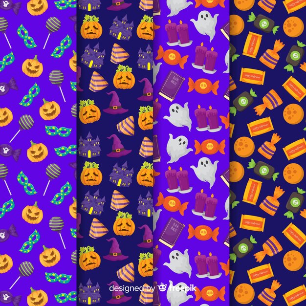 Flat halloween pattern collection with pumpkin and sweets