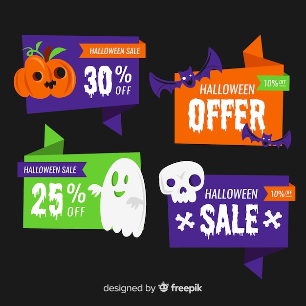 Flat halloween sale label collection on black background