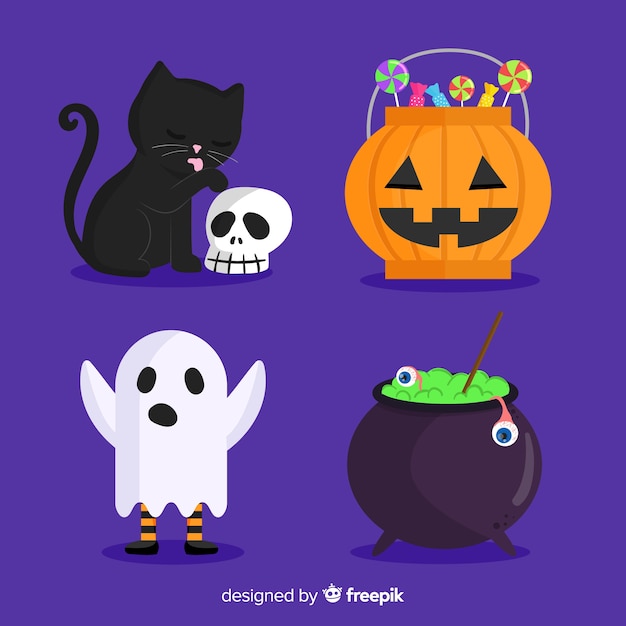 Flat halloween set of cute elements on blue background