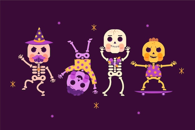 Flat halloween skeletons collection