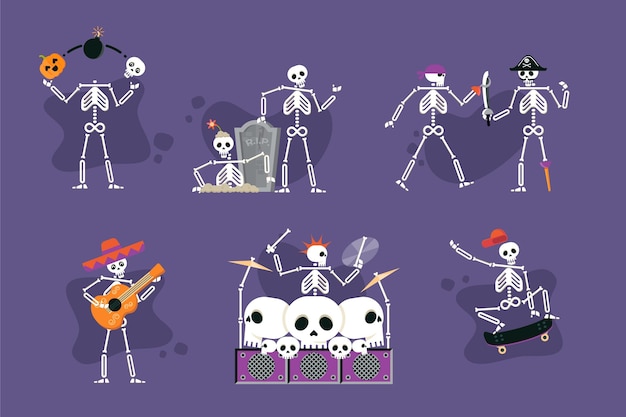 Flat halloween skeletons collection