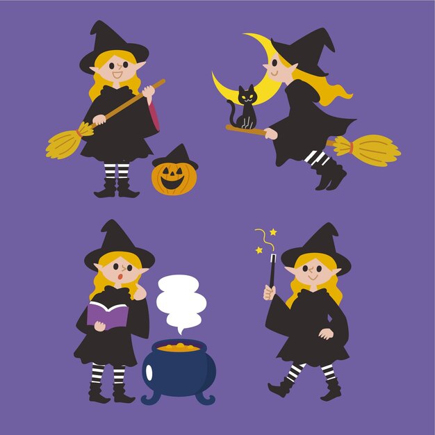 Flat halloween witches collection